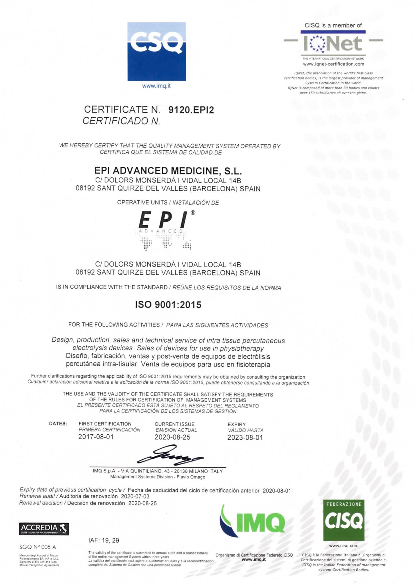Сертификат ISO 9001:2015 на имя EPI Advanced Medicine с адресом производственной площадки