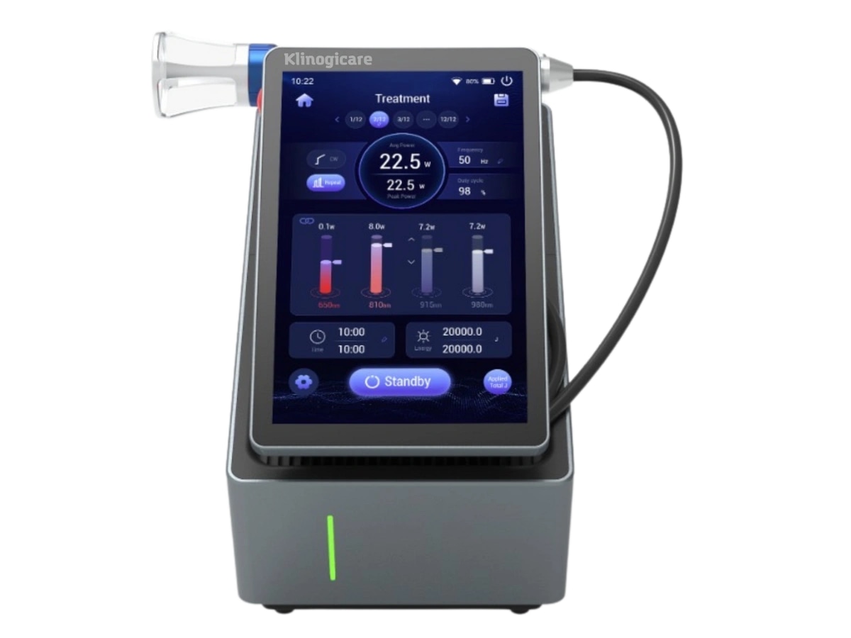 Klinogicare Beam Ultra Power Physio Laser 45W: тёмно-серый корпус, сенсорный экран, аппликатор в держателе
