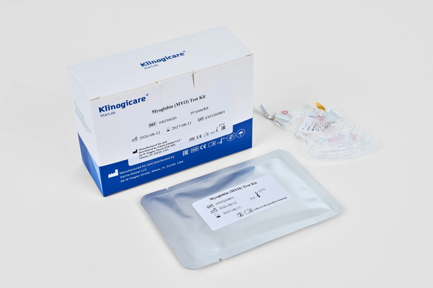 Состав набора Myoglobin (MYO) Test Kit: коробка, запаянный пакет и монотесты