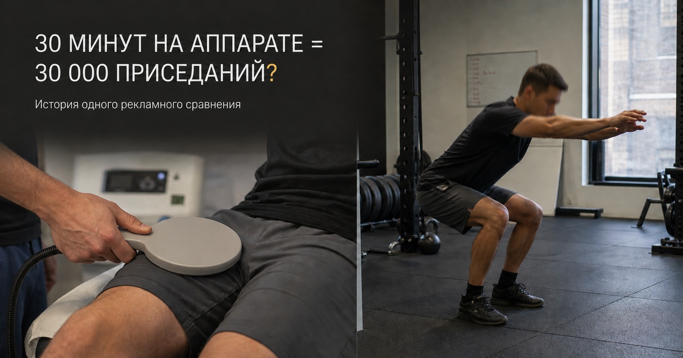 Магнитный аппликатор на бедре и спортсмен, выполняющий приседание