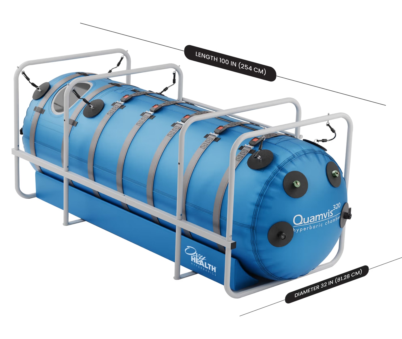 Схема размеров OxyHealth Quamvis 320: длина 100 дюймов и диаметр 32 дюйма