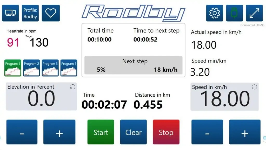 Экран пульта Rodby Control System 2.0 с пульсом, скоростью, наклоном и дистанцией